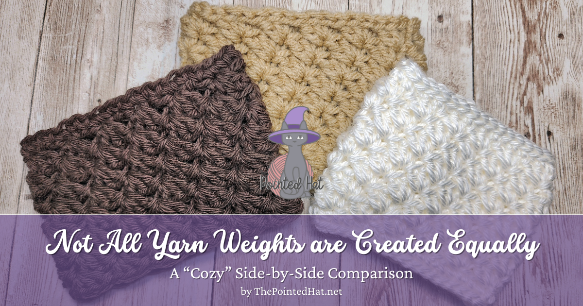 Comparison of three crochet cozies made from Peaches & Cream, Red Heart Super Saver, and Caron Simply Soft yarns, all labeled #4 weight.